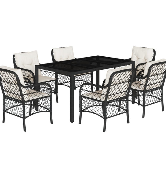 7-tlg. Garten-Essgruppe mit Kissen Schwarz Poly Rattan