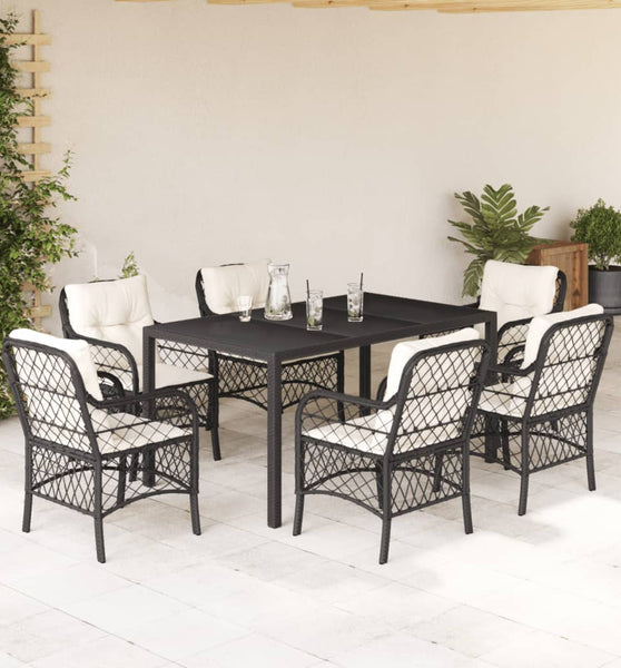 7-tlg. Garten-Essgruppe mit Kissen Schwarz Poly Rattan