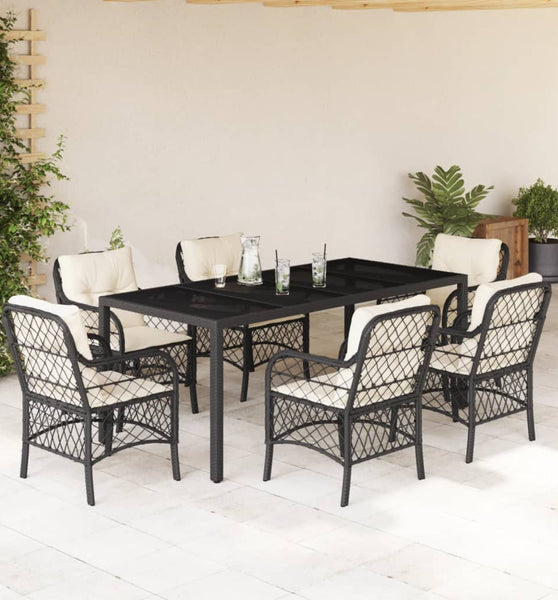 7-tlg. Garten-Essgruppe mit Kissen Schwarz Poly Rattan