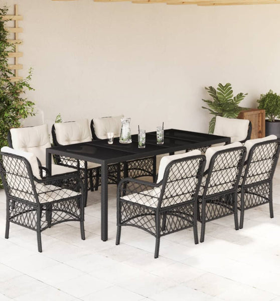 9-tlg. Garten-Essgruppe mit Kissen Schwarz Poly Rattan