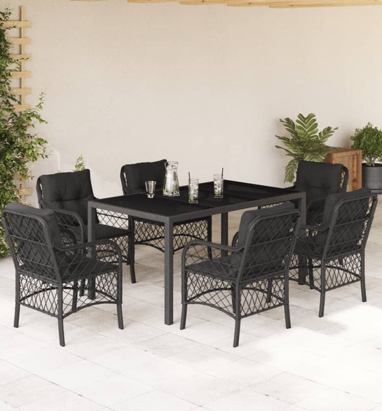 7-tlg. Garten-Essgruppe mit Kissen Schwarz Poly Rattan
