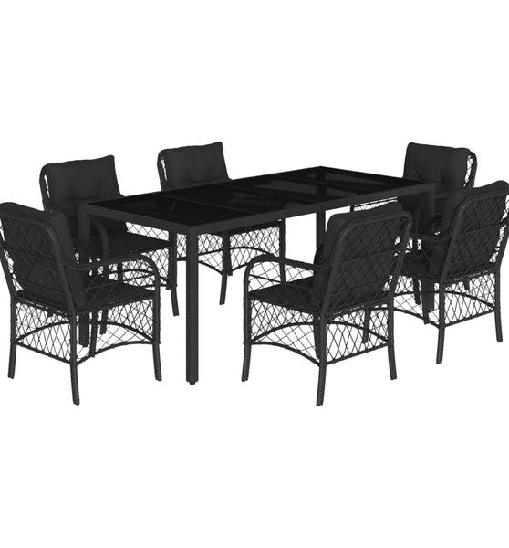 7-tlg. Garten-Essgruppe mit Kissen Schwarz Poly Rattan