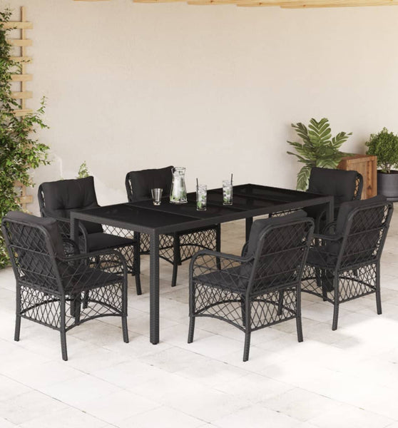 7-tlg. Garten-Essgruppe mit Kissen Schwarz Poly Rattan