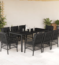 9-tlg. Garten-Essgruppe mit Kissen Schwarz Poly Rattan