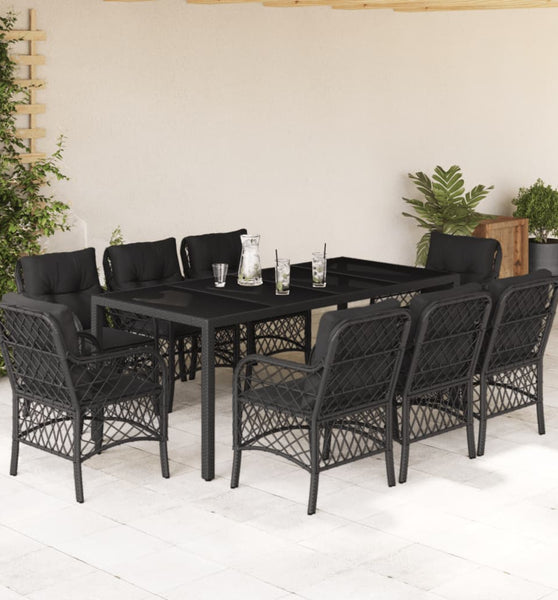 9-tlg. Garten-Essgruppe mit Kissen Schwarz Poly Rattan