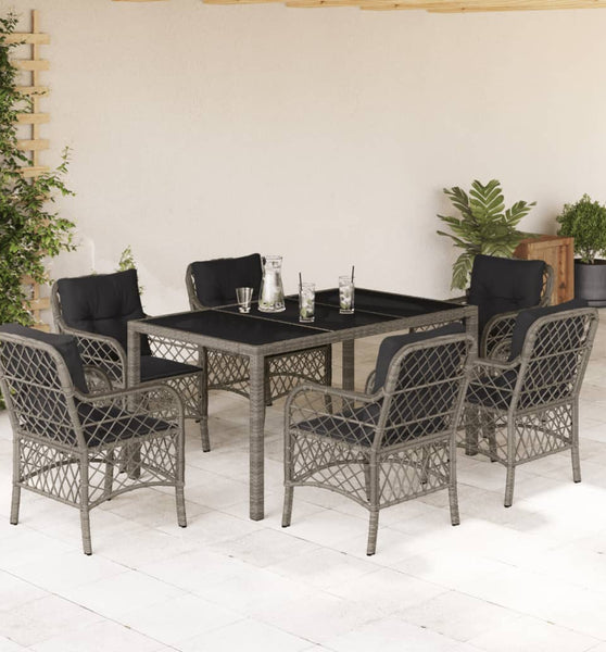 7-tlg. Garten-Essgruppe mit Kissen Grau Poly Rattan