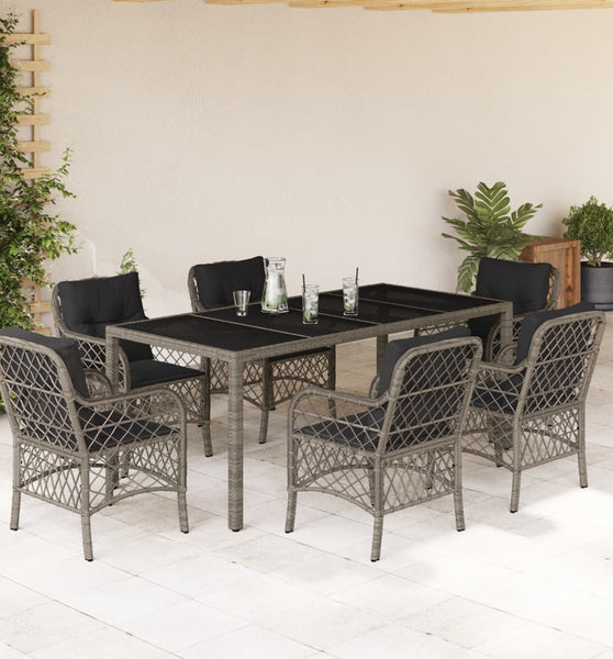 7-tlg. Garten-Essgruppe mit Kissen Grau Poly Rattan