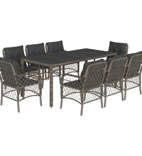 9-tlg. Garten-Essgruppe mit Kissen Grau Poly Rattan