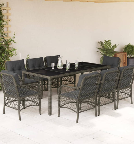 9-tlg. Garten-Essgruppe mit Kissen Grau Poly Rattan