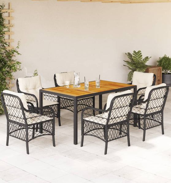 7-tlg. Garten-Essgruppe mit Kissen Schwarz Poly Rattan