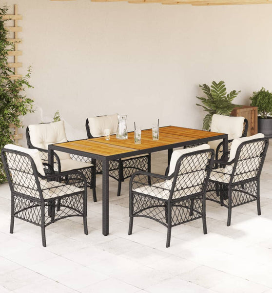 7-tlg. Garten-Essgruppe mit Kissen Schwarz Poly Rattan