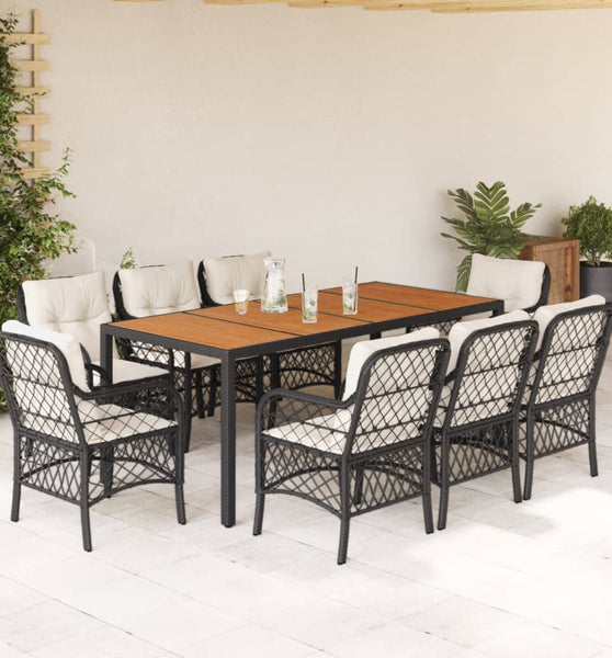 9-tlg. Garten-Essgruppe mit Kissen Schwarz Poly Rattan
