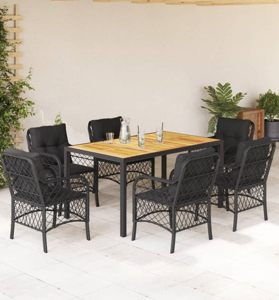 7-tlg. Garten-Essgruppe mit Kissen Schwarz Poly Rattan