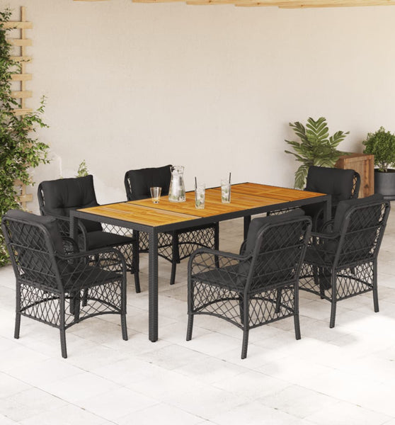 7-tlg. Garten-Essgruppe mit Kissen Schwarz Poly Rattan