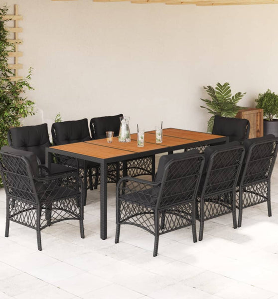 9-tlg. Garten-Essgruppe mit Kissen Schwarz Poly Rattan