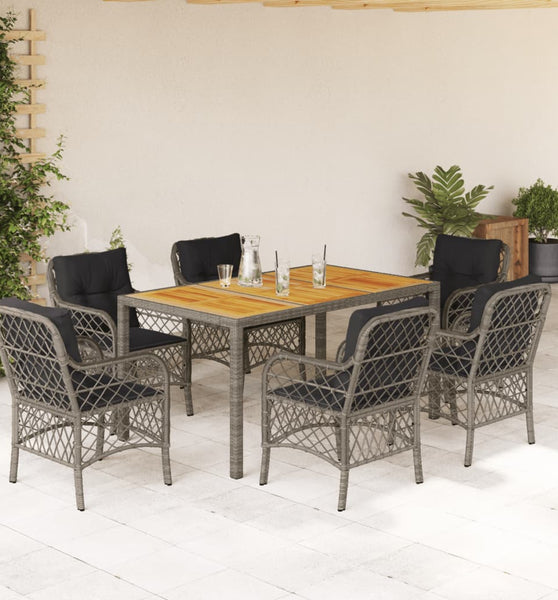 7-tlg. Garten-Essgruppe mit Kissen Grau Poly Rattan