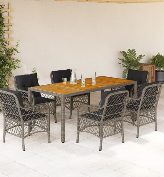 7-tlg. Garten-Essgruppe mit Kissen Grau Poly Rattan