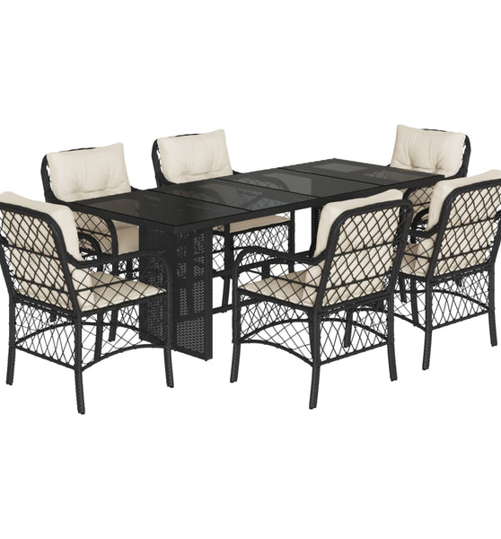 7-tlg. Garten-Essgruppe mit Kissen Schwarz Poly Rattan