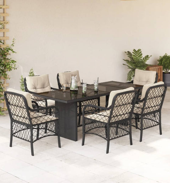 7-tlg. Garten-Essgruppe mit Kissen Schwarz Poly Rattan