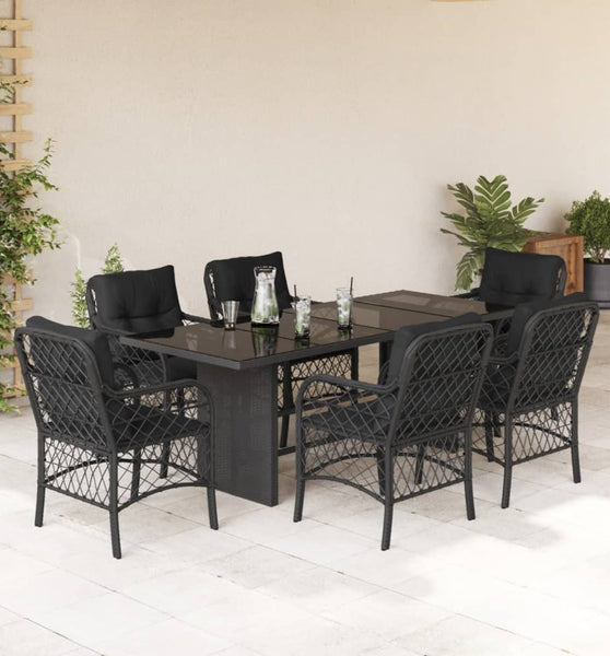 7-tlg. Garten-Essgruppe mit Kissen Schwarz Poly Rattan