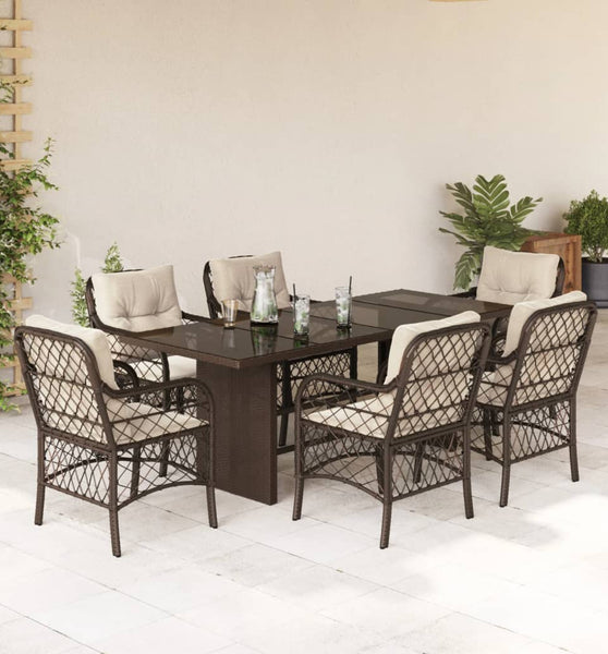 7-tlg. Garten-Essgruppe mit Kissen Braun Poly Rattan