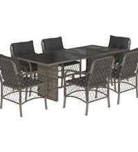7-tlg. Garten-Essgruppe mit Kissen Grau Poly Rattan