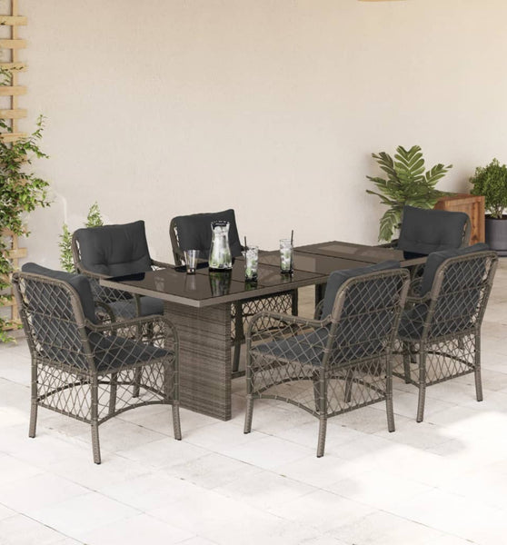 7-tlg. Garten-Essgruppe mit Kissen Grau Poly Rattan