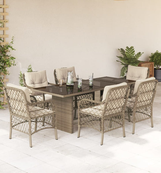 7-tlg. Garten-Essgruppe mit Kissen Beige Poly Rattan