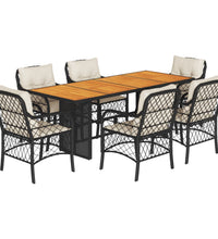 7-tlg. Garten-Essgruppe mit Kissen Schwarz Poly Rattan