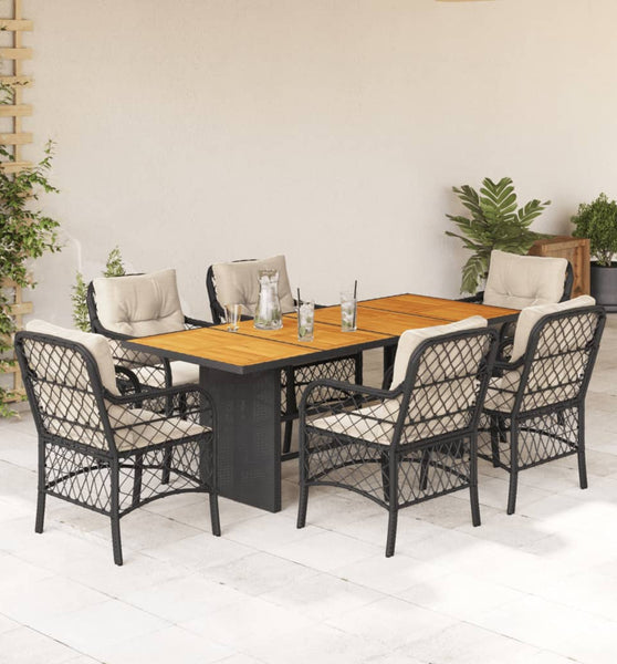 7-tlg. Garten-Essgruppe mit Kissen Schwarz Poly Rattan