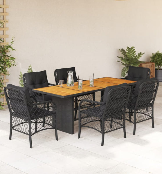 7-tlg. Garten-Essgruppe mit Kissen Schwarz Poly Rattan