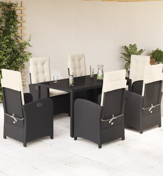 7-tlg. Garten-Essgruppe mit Kissen Schwarz Poly Rattan