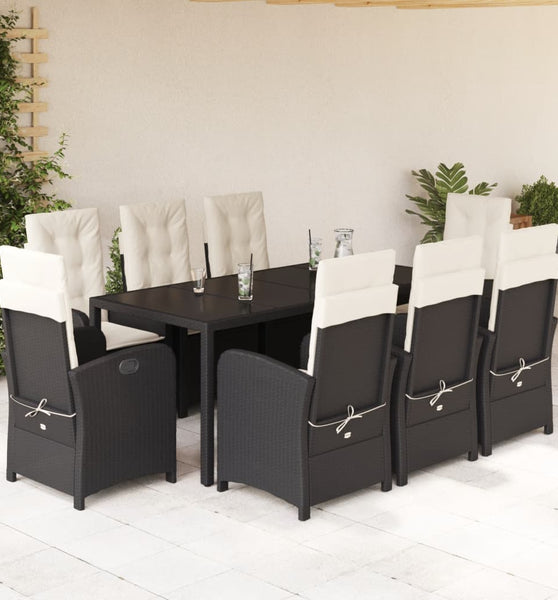 9-tlg. Garten-Essgruppe mit Kissen Schwarz Poly Rattan
