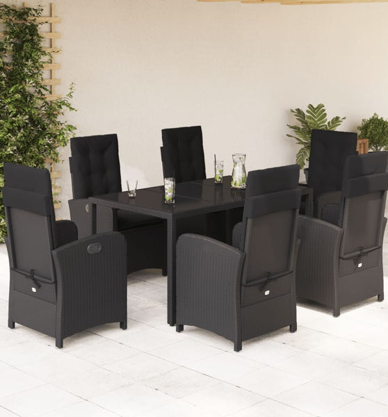 7-tlg. Garten-Essgruppe mit Kissen Schwarz Poly Rattan