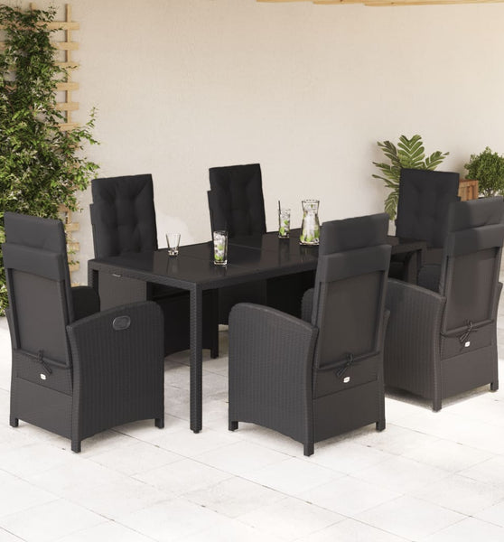 7-tlg. Garten-Essgruppe mit Kissen Schwarz Poly Rattan