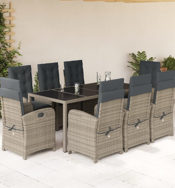 9-tlg. Garten-Essgruppe mit Kissen Grau Poly Rattan
