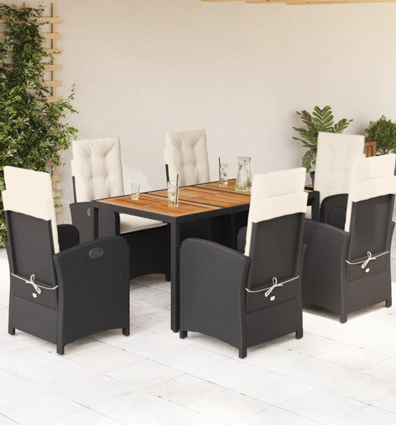7-tlg. Garten-Essgruppe mit Kissen Schwarz Poly Rattan