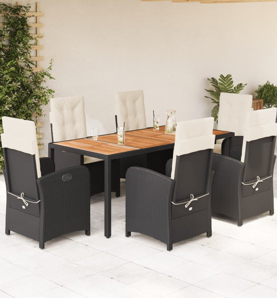 7-tlg. Garten-Essgruppe mit Kissen Schwarz Poly Rattan