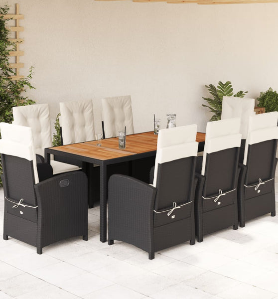 9-tlg. Garten-Essgruppe mit Kissen Schwarz Poly Rattan