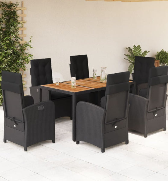 7-tlg. Garten-Essgruppe mit Kissen Schwarz Poly Rattan