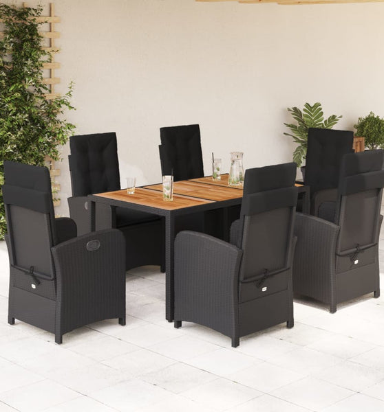 7-tlg. Garten-Essgruppe mit Kissen Schwarz Poly Rattan