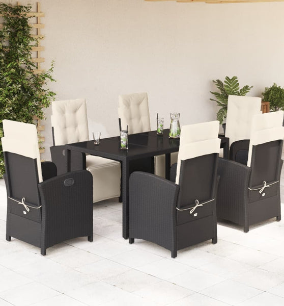 7-tlg. Garten-Essgruppe mit Kissen Schwarz Poly Rattan