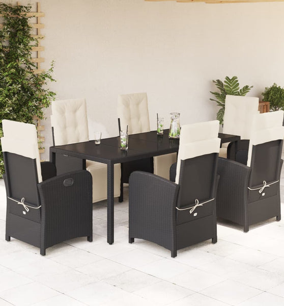 7-tlg. Garten-Essgruppe mit Kissen Schwarz Poly Rattan