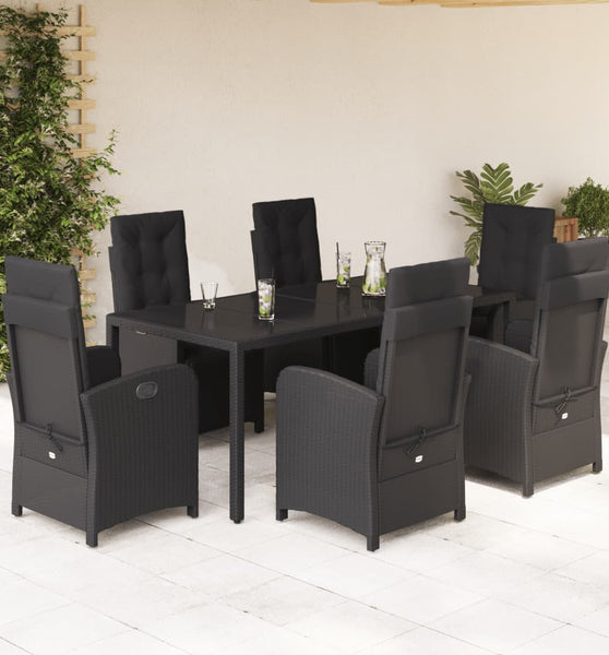 7-tlg. Garten-Essgruppe mit Kissen Schwarz Poly Rattan