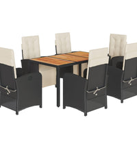 7-tlg. Garten-Essgruppe mit Kissen Schwarz Poly Rattan