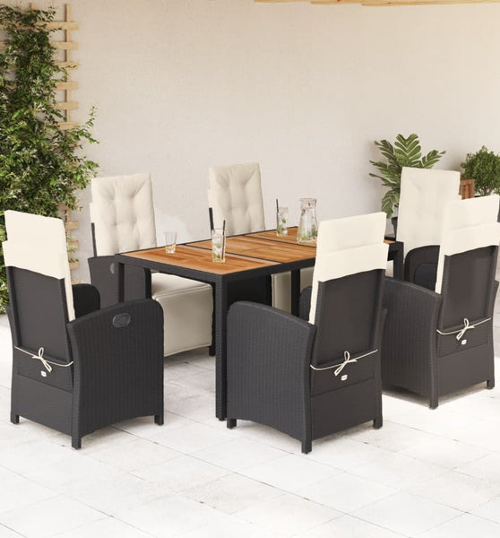 7-tlg. Garten-Essgruppe mit Kissen Schwarz Poly Rattan