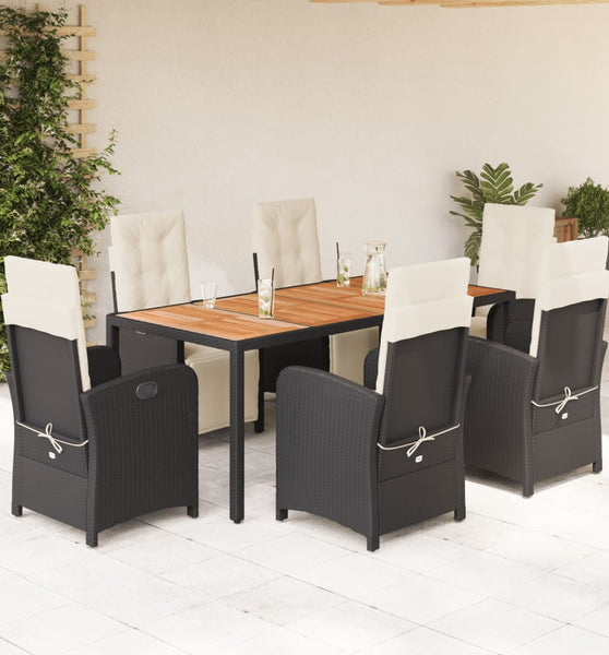 7-tlg. Garten-Essgruppe mit Kissen Schwarz Poly Rattan