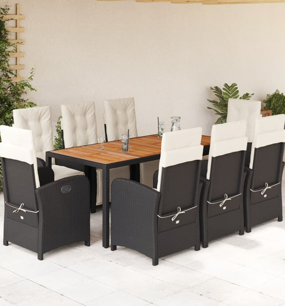 9-tlg. Garten-Essgruppe mit Kissen Schwarz Poly Rattan