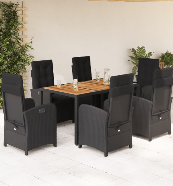 7-tlg. Garten-Essgruppe mit Kissen Schwarz Poly Rattan