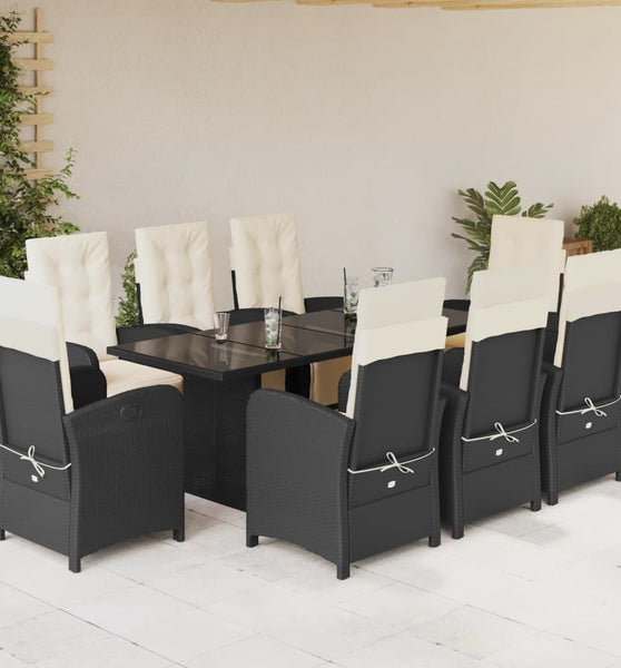 9-tlg. Garten-Essgruppe mit Kissen Schwarz Poly Rattan